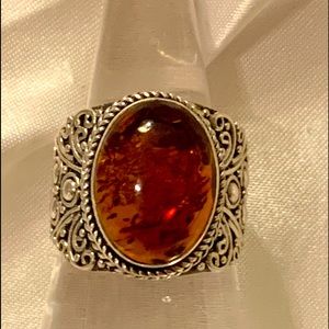 Amber Gemstone Bali Style Handmade Ring Set In 925 Sterling Silver
